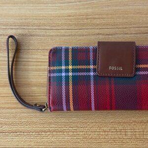 Fossil Red Plaid Wristlet Wallet with brown interior and gold/bronze hardware